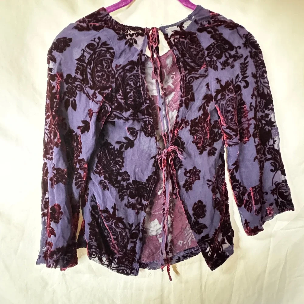 Velvet Burnout Floral Pants Set Purple Burgundy Sheer‎ Bohemian Blouse Top